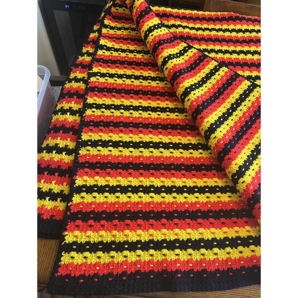 Vintage 70s MCM Striped Acrylic Knit Afghan Blanket Yellow Red Orange Navy - Picture 5 of 8